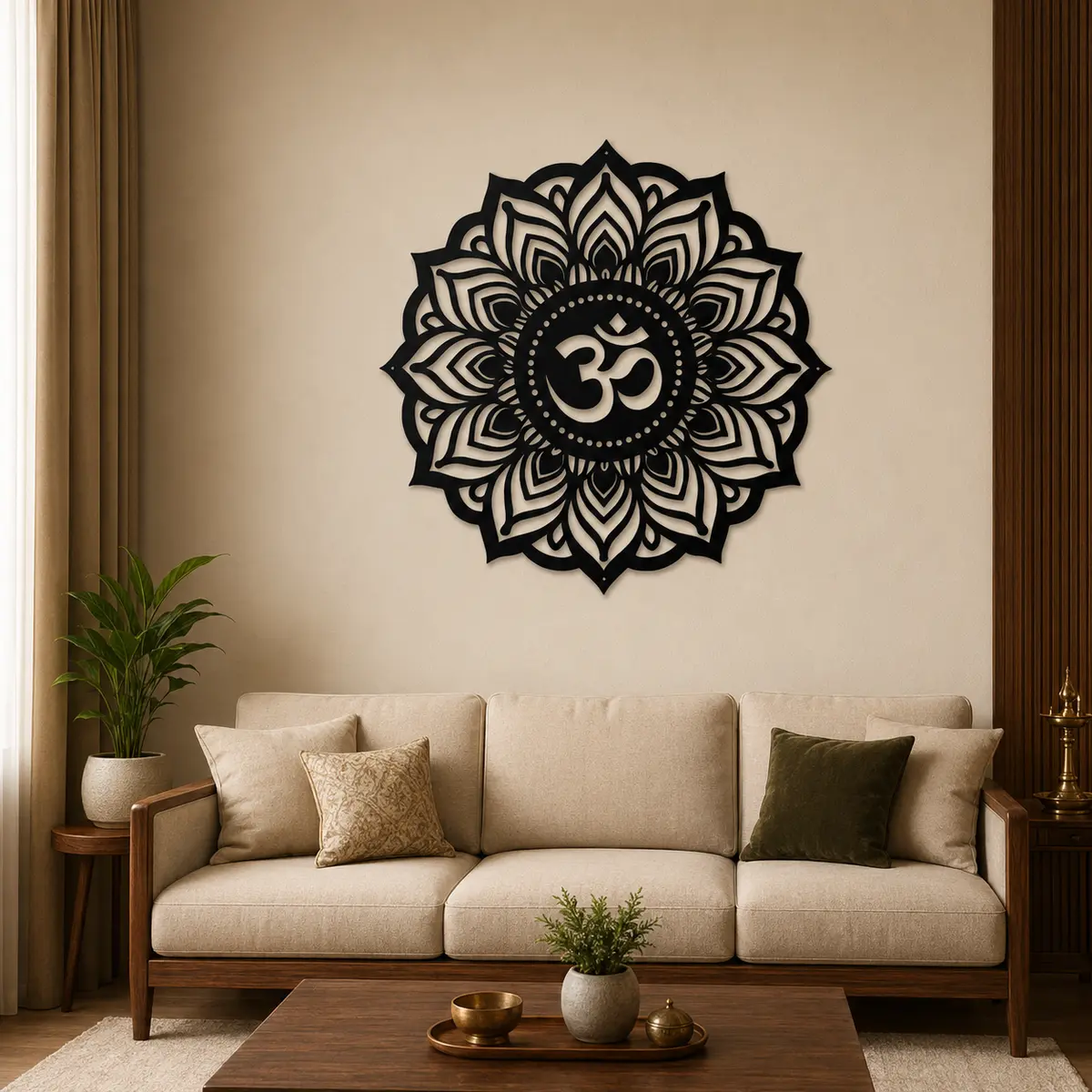 Black Om Mandala MDF wall art displayed above a modern living room sofa