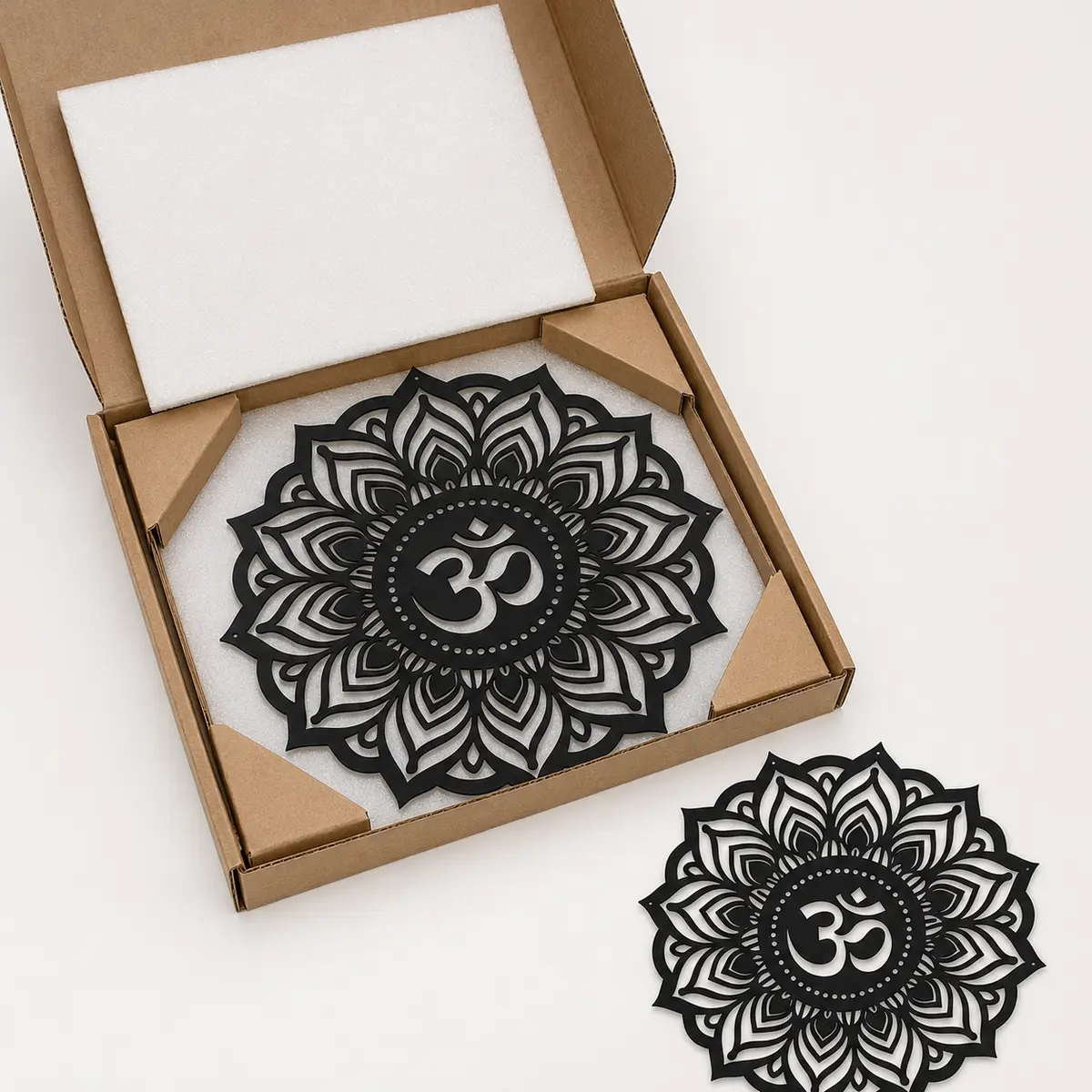 Om Mandala MDF wall art packed securely with foam and protective corner packaging