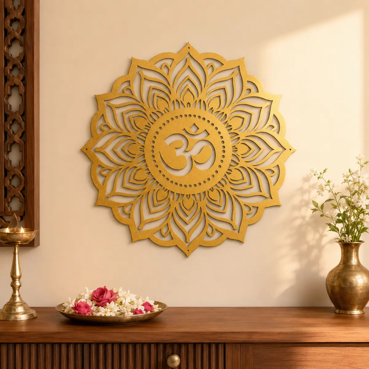 Gold Om Mandala MDF wall art displayed in a warm Indian pooja room setting