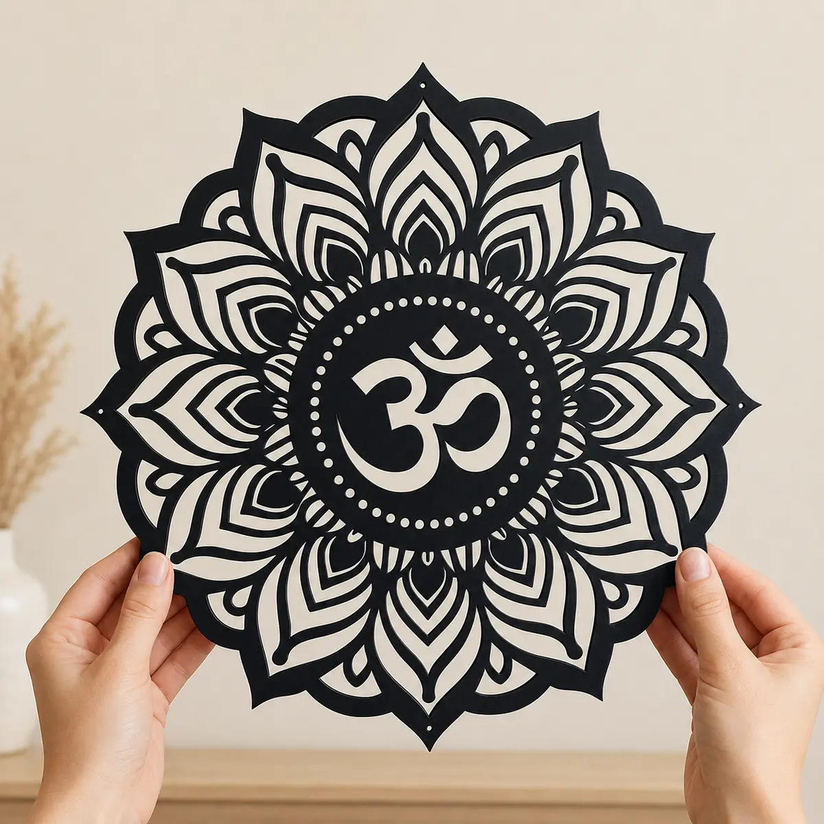 Ten inch black Om Mandala MDF wall art held in two hands for scale reference
