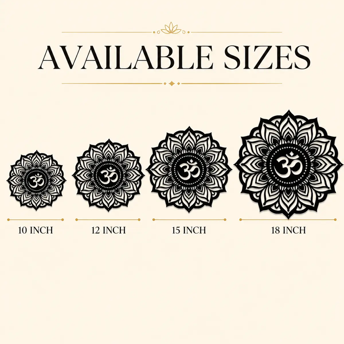 Om Mandala MDF wall art size chart showing 10, 12, 15 and 18 inch options