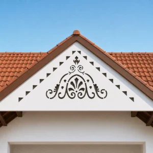 Royal Floral one-piece white PVC gable jaali panel fitted outside a Kerala farmhouse