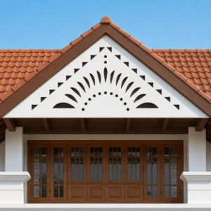Sunrise Fan one-piece white PVC gable jaali panel fitted outside a Kerala farmhouse