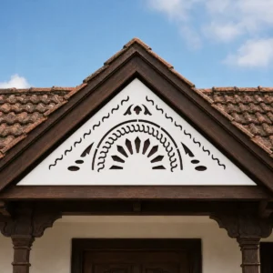 Heritage Arch Sunrise one-piece white PVC gable jaali fitted outside a Kerala farmhouse