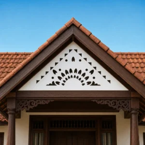 Peacock Petal Fan one-piece white PVC gable jaali fitted outside a Kerala farmhouse
