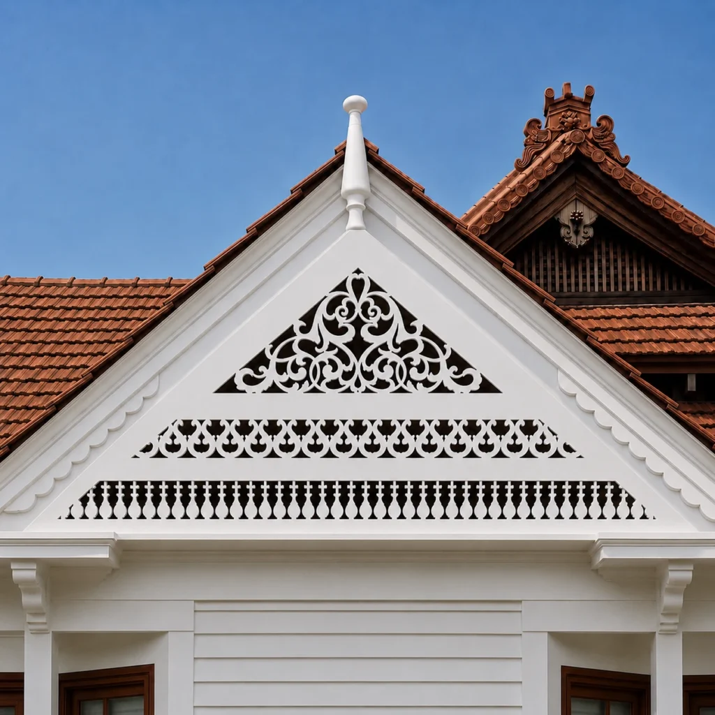 Royal Floral triple-band white PVC CNC-cut gable jaali installed on a Kerala-style tiled roof