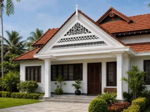 Royal Floral triple-band white PVC gable jaali on a realistic Kerala-style home exterior