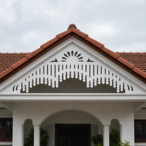 Sunrise Cascade Triple-Arch white PVC gable jaali hero on Kerala-style tiled roof