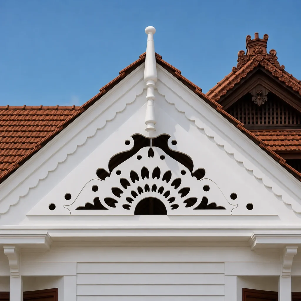 Temple Crown Floral white PVC CNC-cut gable jaali installed on a Kerala-style tiled roof