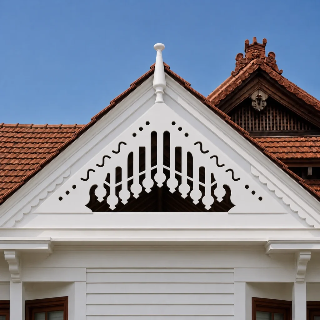 Traditional Spire white PVC CNC-cut gable jaali installed on a Kerala-style tiled roof