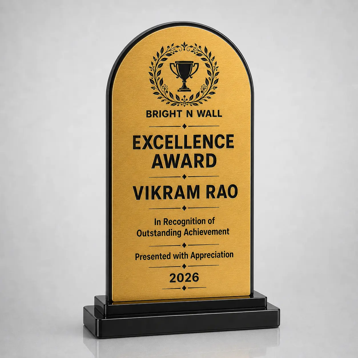 Personalised rounded arch acrylic Excellence Award trophy brushed gold hero front view