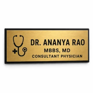 Custom Doctor brushed gold acrylic door name plate front hero view