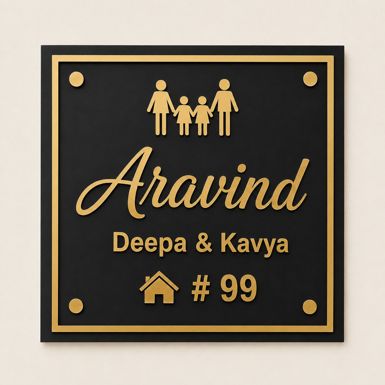 Custom square black acrylic family name plate with thin 3 mm gold mirror acrylic lettering and border