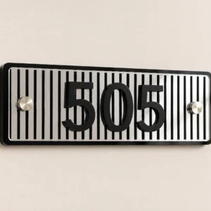 Modern Striped Acrylic Apartment Number Plate showing custom number 505 and two centre studs
