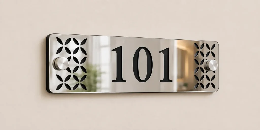 Mirror Silver Floral Acrylic Apartment Number Plate showing custom number 101 and two centre studs