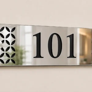 Mirror Silver Floral Acrylic Apartment Number Plate showing custom number 101 and two centre studs