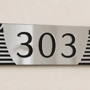 Silver and Black Linear Acrylic Apartment Number Plate showing custom number 303 and two centre studs