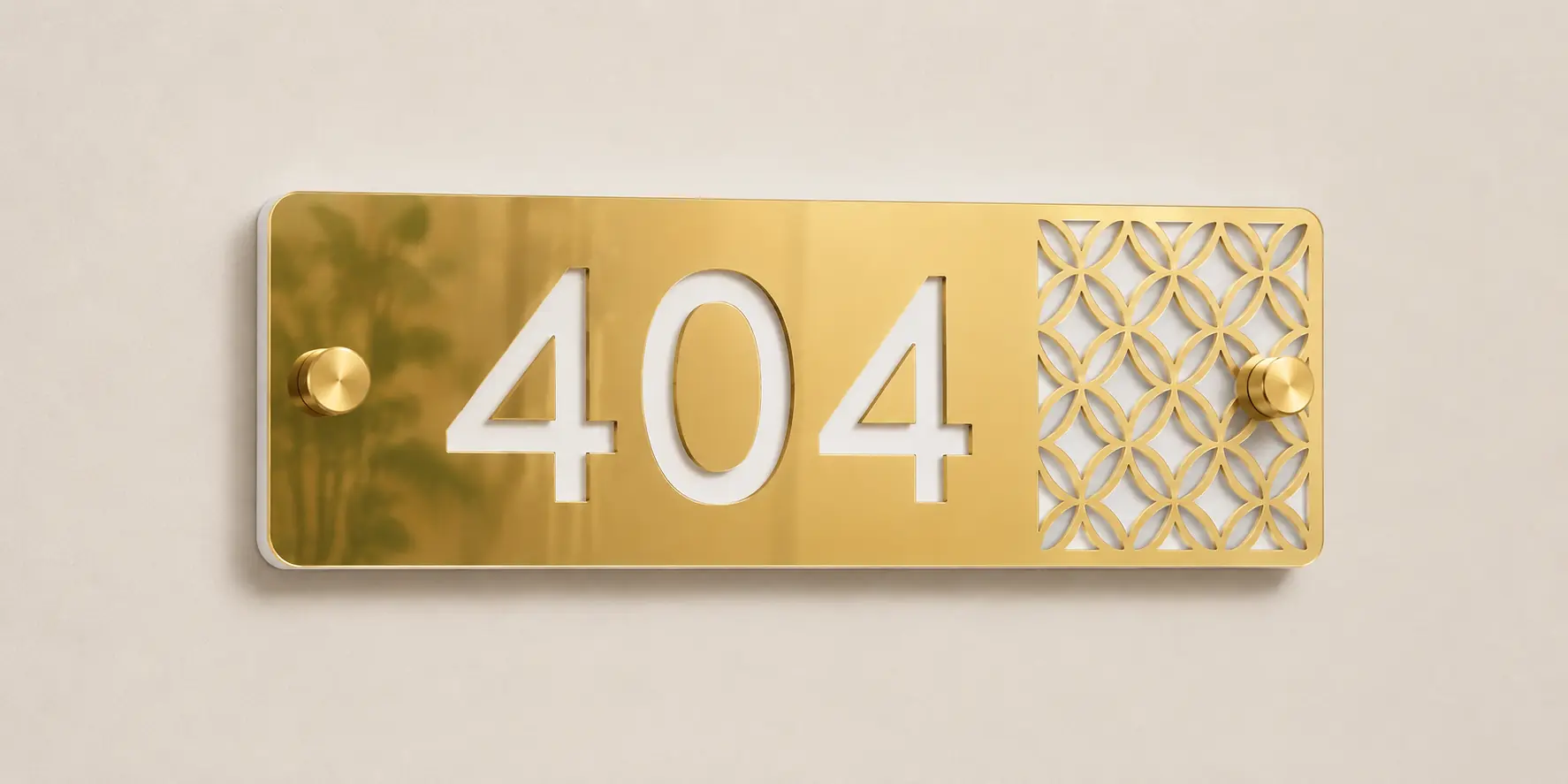 Gold Mirror Lattice Acrylic Apartment Number Plate showing custom number 404 and two centre studs