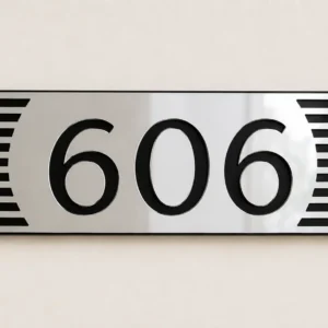 Silver and Black Modern Line Acrylic Room Number Plate showing custom number 606 and two centre studs