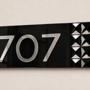 Black and Silver Diamond Acrylic Apartment Number Plate showing custom number 707 and two centre studs