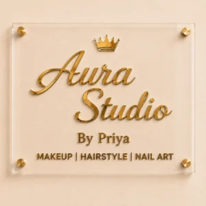 Custom Aura Studio salon sign board with 3 mm clear acrylic base and 3 mm gold mirror lettering