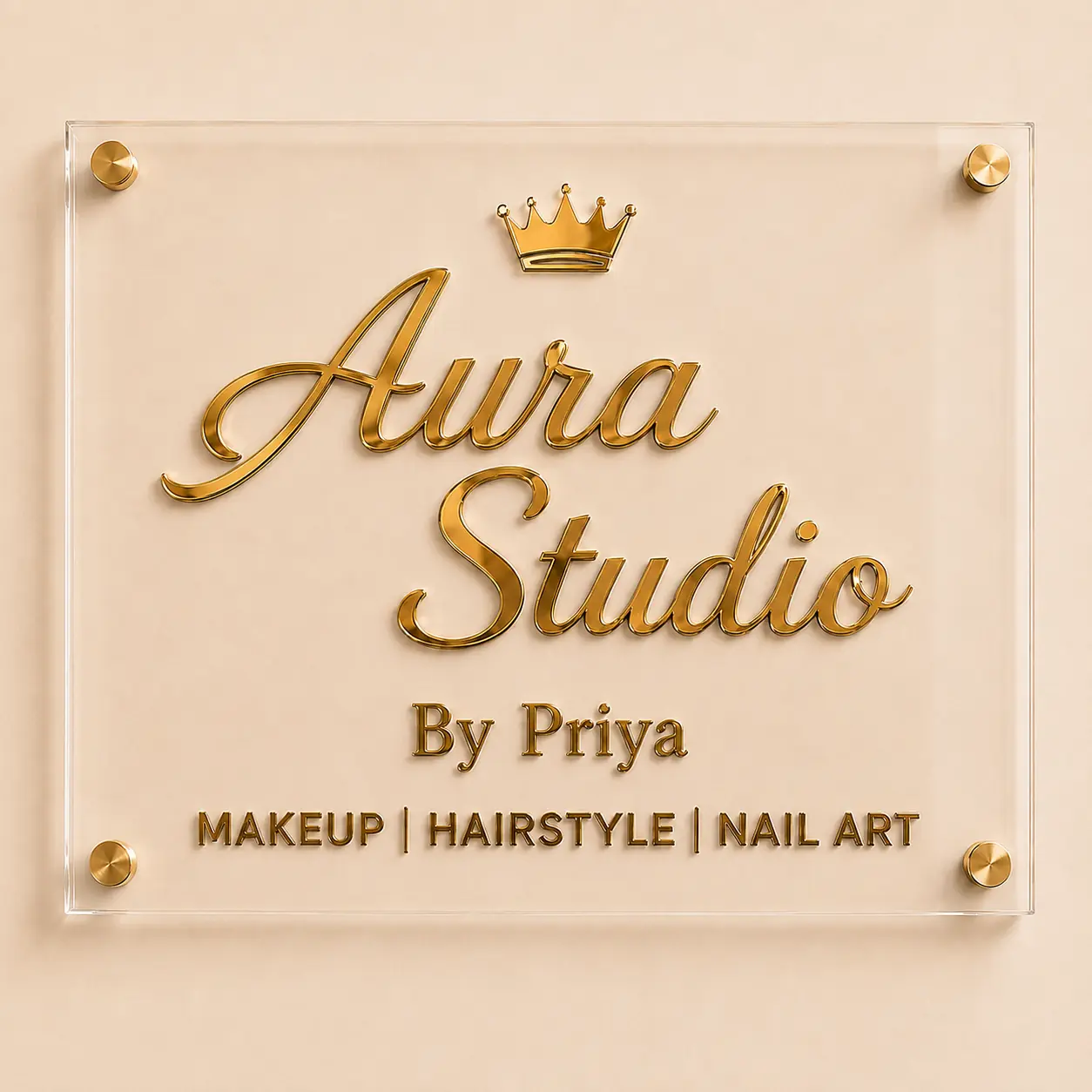 Custom Aura Studio salon sign board with 3 mm clear acrylic base and 3 mm gold mirror lettering