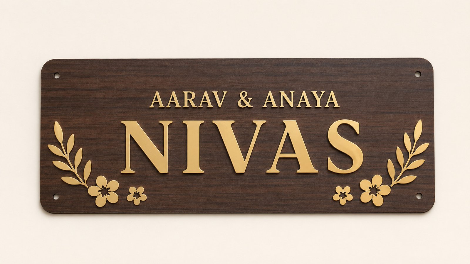 Custom walnut finish 3 mm ACP family name plate with thin 3 mm gold mirror acrylic lettering