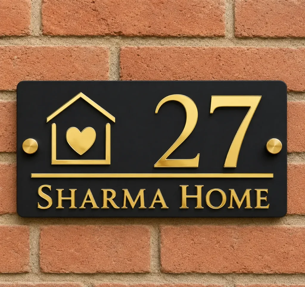 Matte black and shiny gold acrylic house number plate showing 27 and Sharma Home