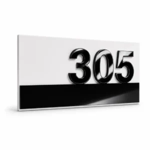 Custom white and glossy black acrylic door number plate 5 × 10 inch with raised number 305