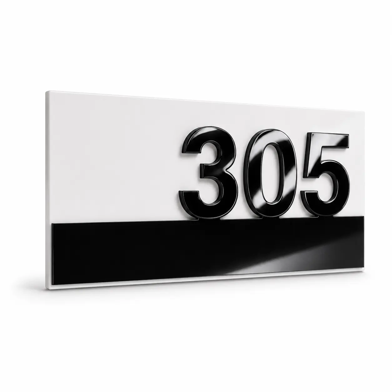 Custom white and glossy black acrylic door number plate 5 × 10 inch with raised number 305