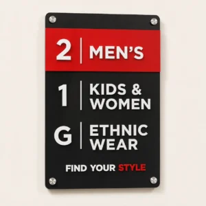 Custom multi-floor 3mm acrylic directory sign board with glossy black red and white layers and stud mounting
