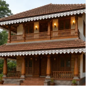 Floral Fan Lace CNC PVC Roof Border installed on a Kerala-style house