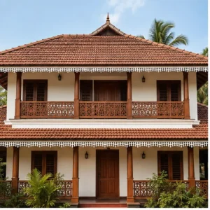 Temple Step Rail CNC PVC Roof Border installed on a Kerala-style house
