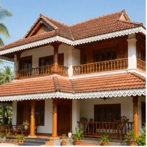 Floral Garland Scallop CNC PVC Roof Border installed on a Kerala-style house