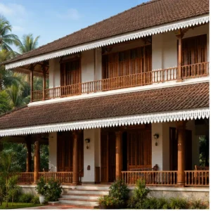 Diamond Step Lattice CNC PVC Roof Border installed on a Kerala-style house