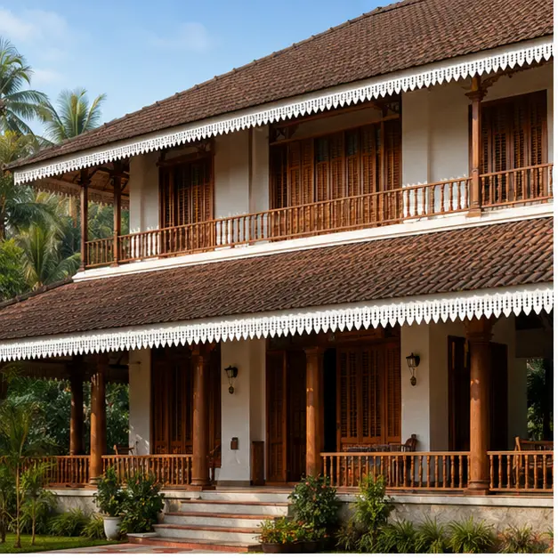 Diamond Step Lattice CNC PVC Roof Border installed on a Kerala-style house