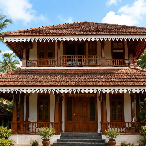 Royal Leaf Scroll CNC PVC Roof Border installed on a Kerala-style house