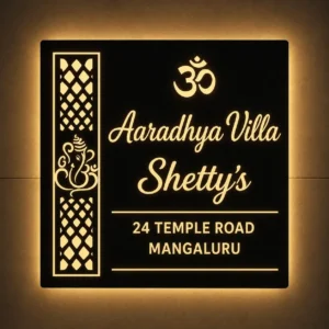 Custom warm white LED light box name board with Ganesha and Om – illuminated front view