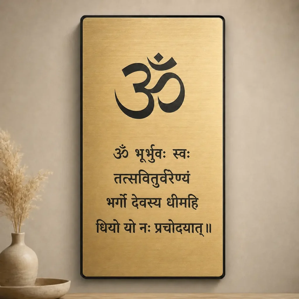 Om Gayatri mantra brushed gold engraved acrylic wall plaque front hero
