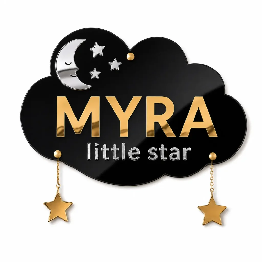 Personalised kids room name plate with glossy black acrylic cloud, gold mirror child name, silver mirror moon and hanging stars