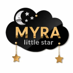 Personalised kids room name plate with glossy black acrylic cloud, gold mirror child name, silver mirror moon and hanging stars