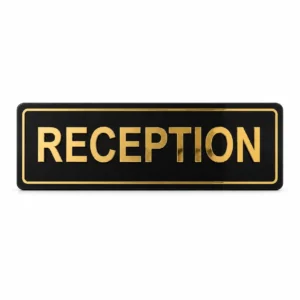 Premium 7 × 20 inch reception sign board with rich gold mirror acrylic letters, rounded black base and simple gold border — front hero view