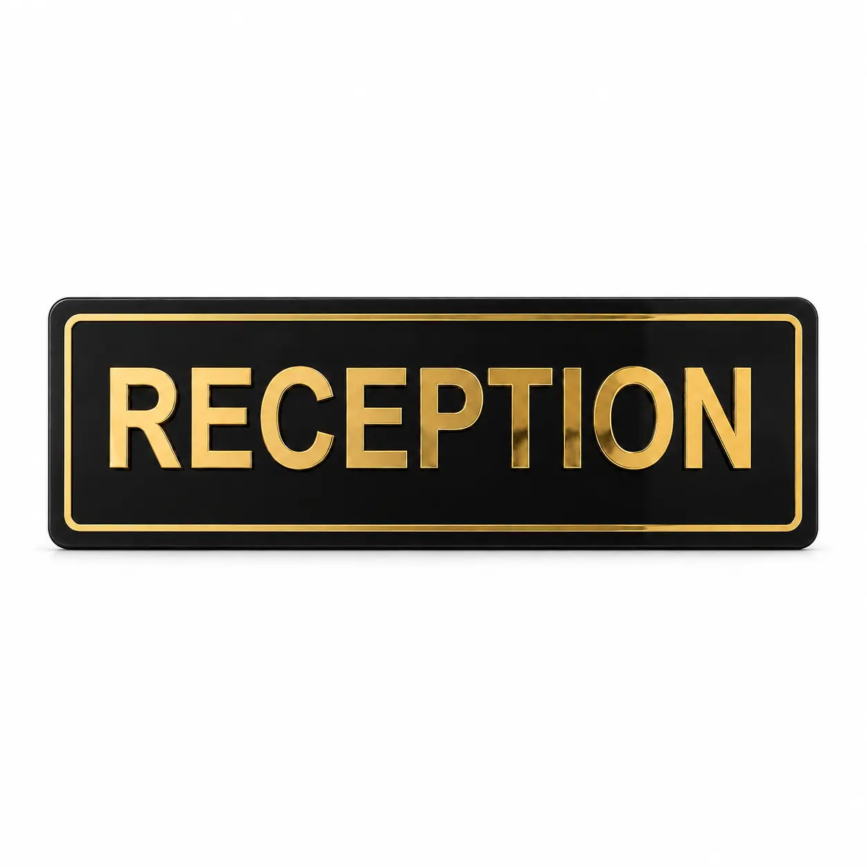 Premium 7 × 20 inch reception sign board with rich gold mirror acrylic letters, rounded black base and simple gold border — front hero view