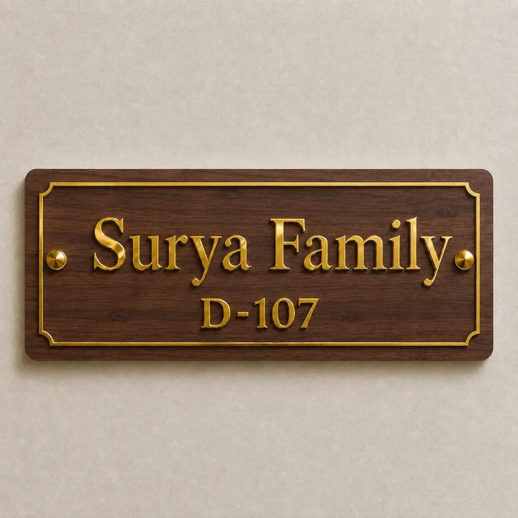 Personalised walnut ACP house name plate with gold mirror acrylic letters and decorative border