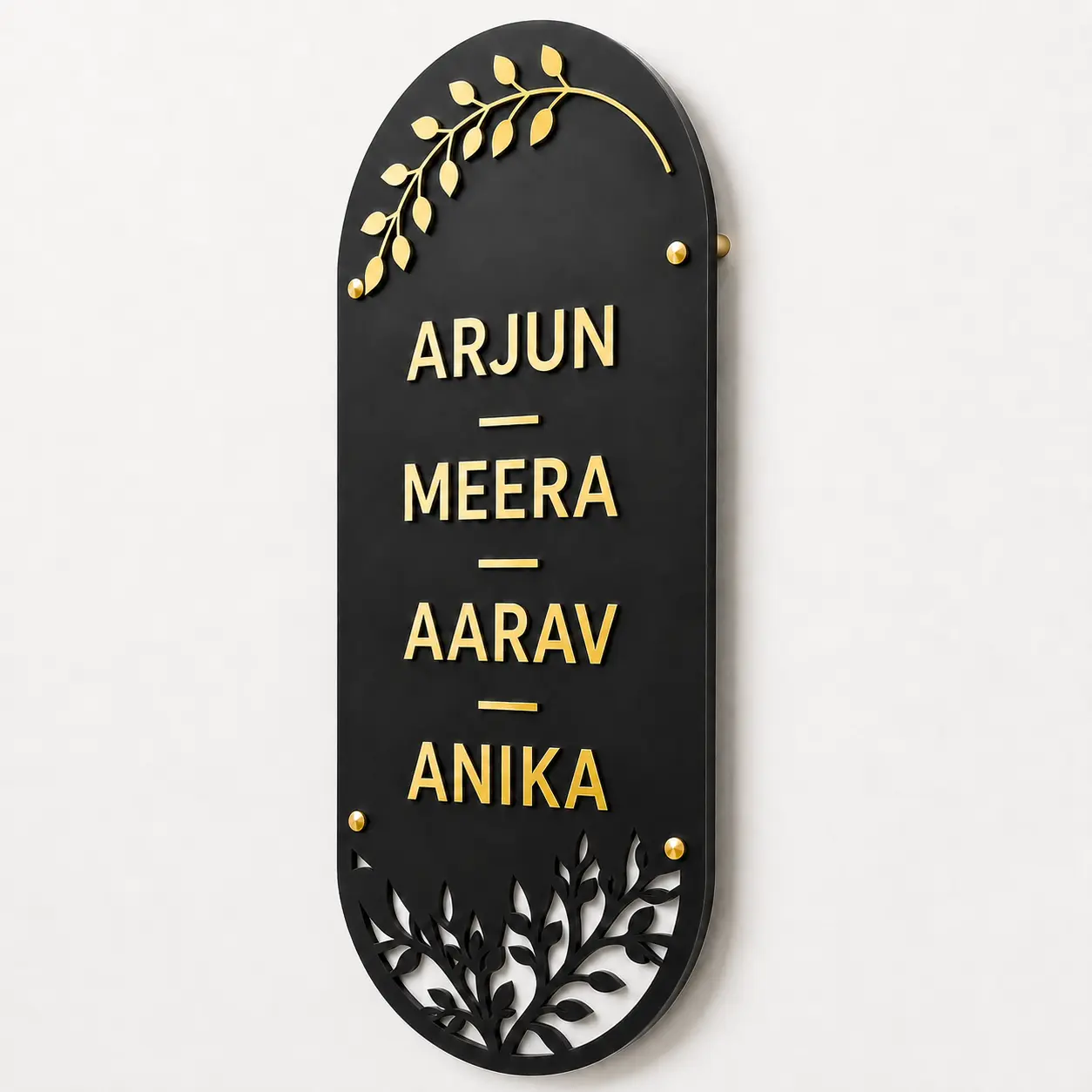 45-degree view of 4 mm matte-black and 3 mm gold-mirror acrylic family name plate