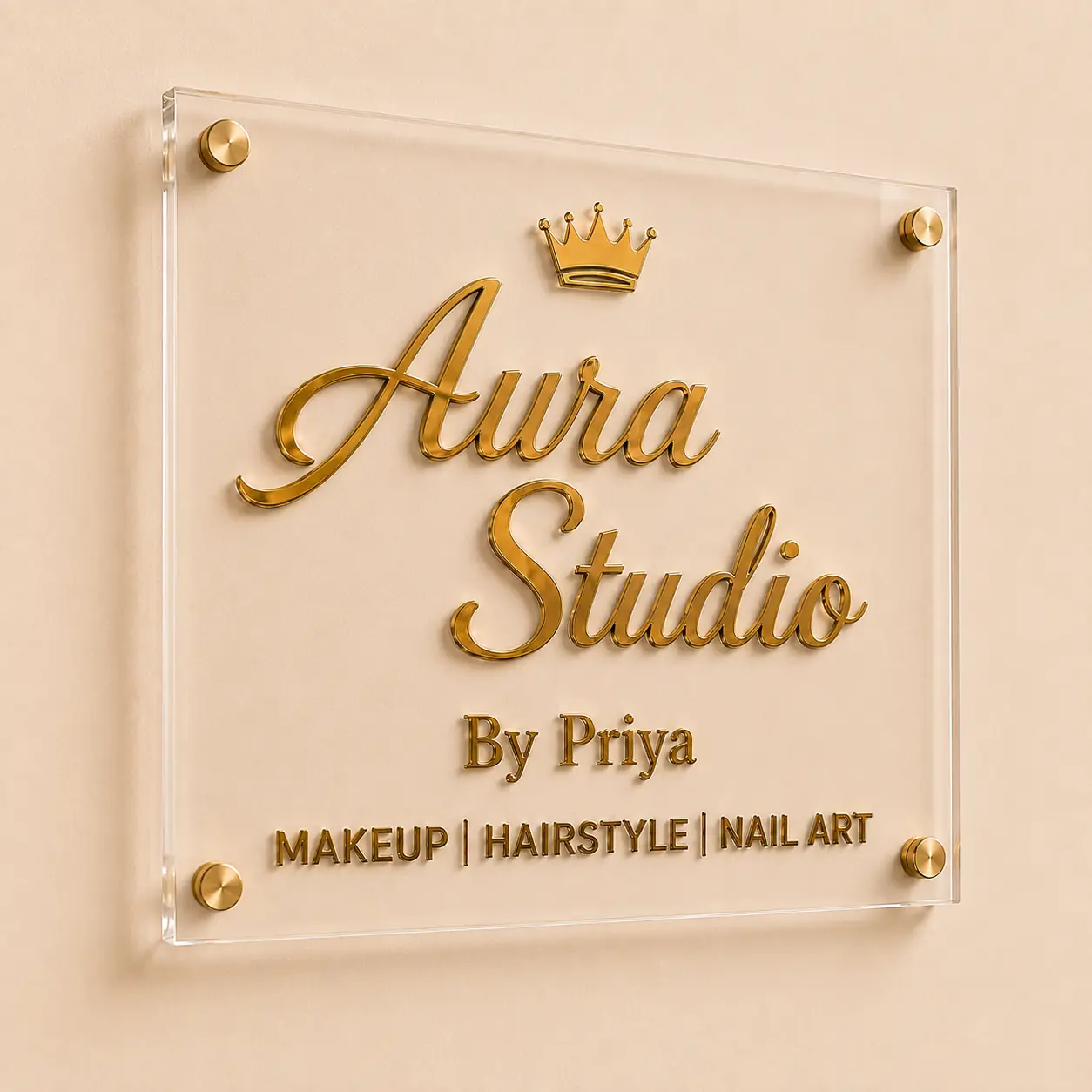 Angle view of custom clear acrylic salon sign with gold mirror letters and four stud mounts