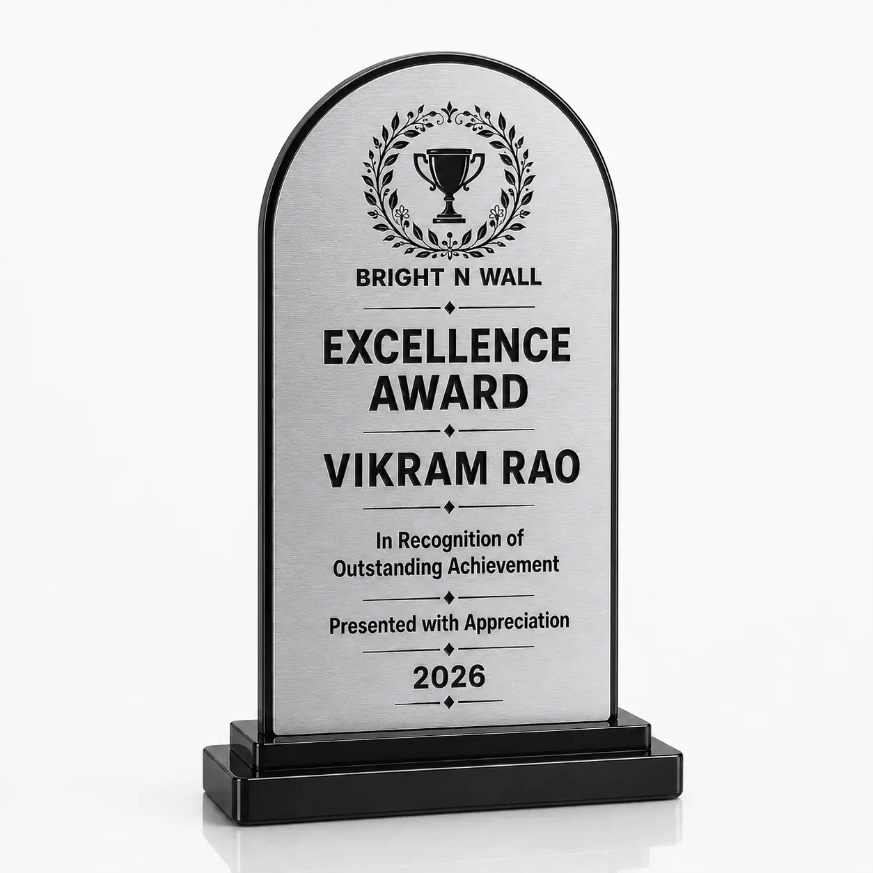 Personalised rounded arch acrylic Excellence Award trophy brushed silver colour variation