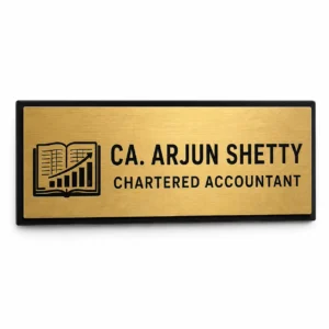 Custom Chartered Accountant brushed gold acrylic door name plate front hero view