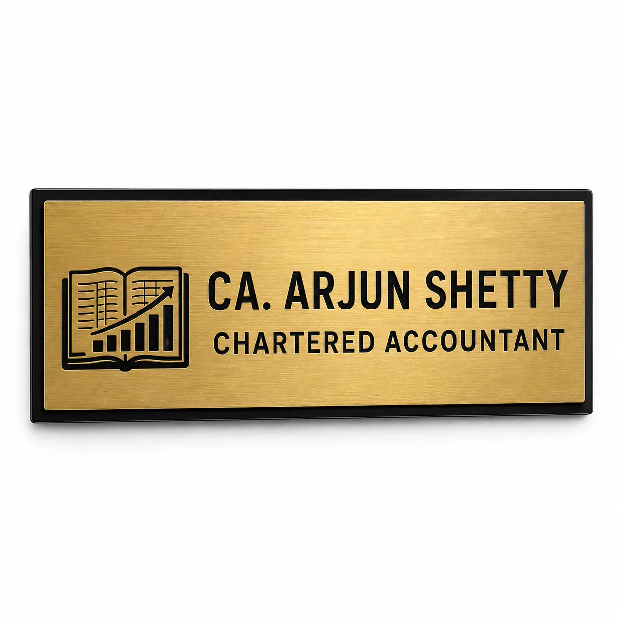 Custom Chartered Accountant brushed gold acrylic door name plate front hero view