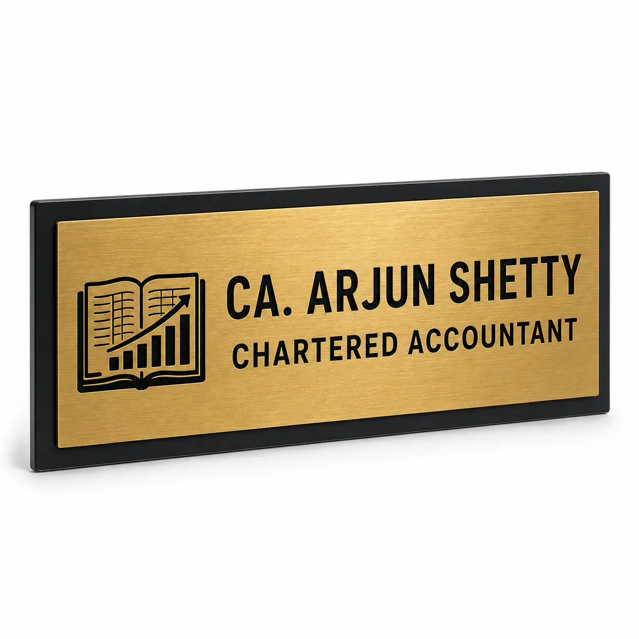Custom Chartered Accountant brushed gold acrylic door name plate angled product view